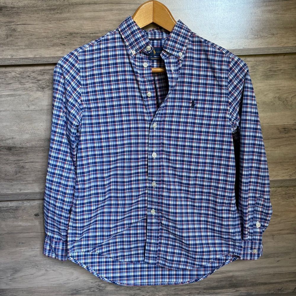 Ralph Lauren Boys M 10-12 Red White Blue Plaid Button Down Shirt Patriotic Top
